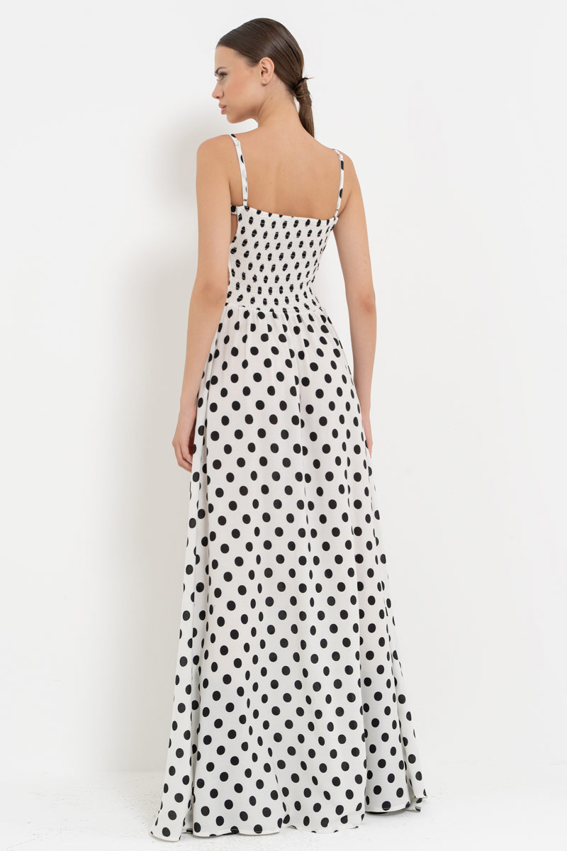 SİYAH-OFF BÜYÜK PUANTİYE Pencere Detaylı Puantiyeli Elbise