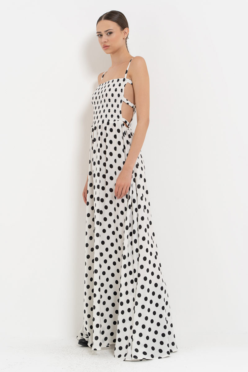 SİYAH-OFF BÜYÜK PUANTİYE Pencere Detaylı Puantiyeli Elbise