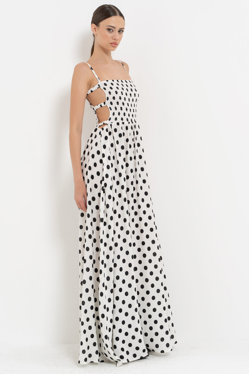 SİYAH-OFF BÜYÜK PUANTİYE Pencere Detaylı Puantiyeli Elbise