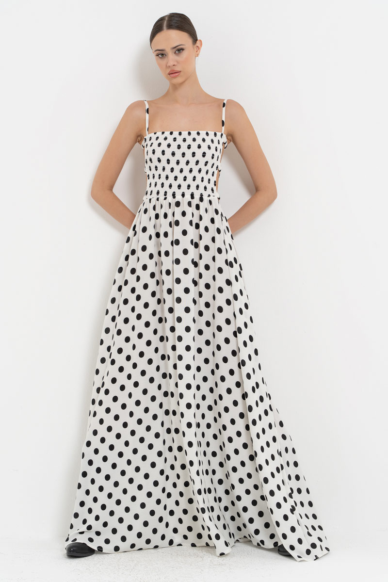 SİYAH-OFF BÜYÜK PUANTİYE Pencere Detaylı Puantiyeli Elbise