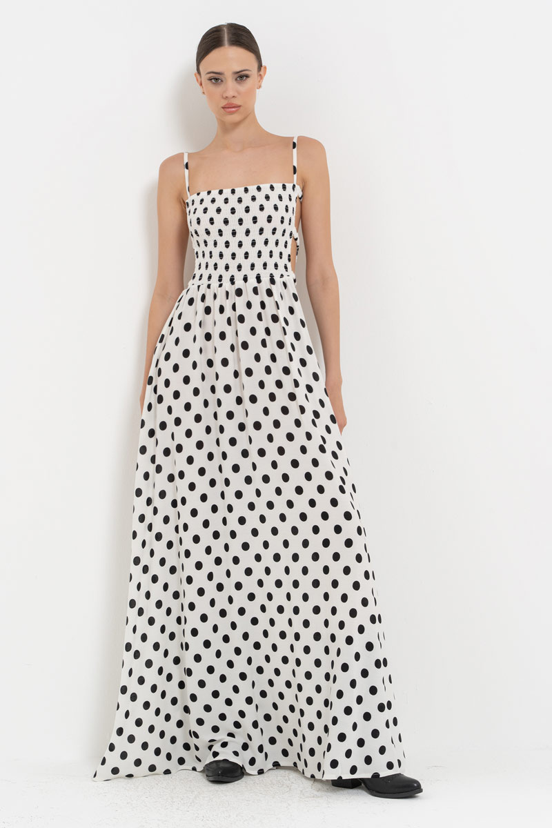 SİYAH-OFF BÜYÜK PUANTİYE Pencere Detaylı Puantiyeli Elbise