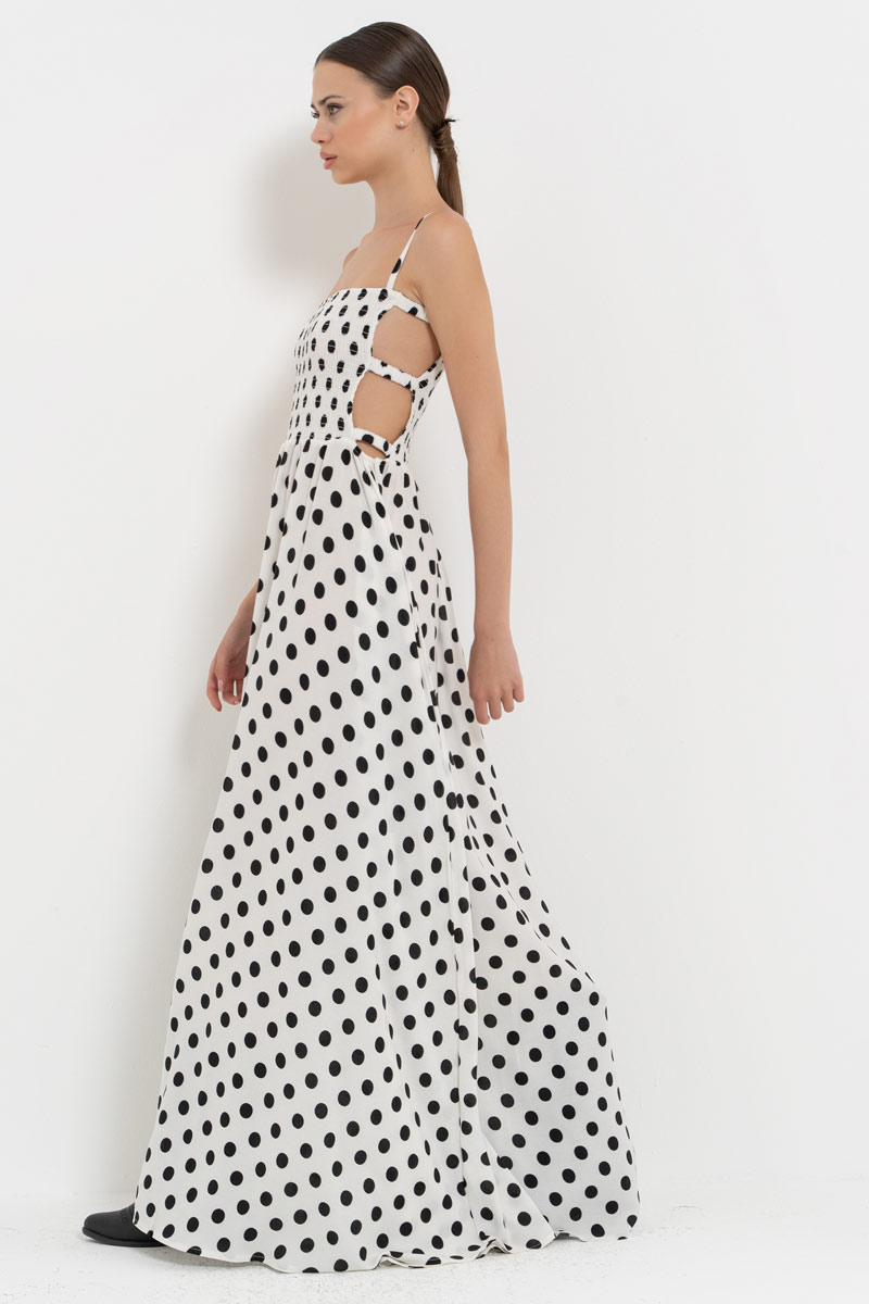 SİYAH-OFF BÜYÜK PUANTİYE Pencere Detaylı Puantiyeli Elbise