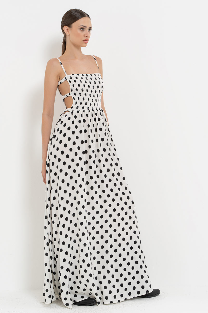 SİYAH-OFF BÜYÜK PUANTİYE Pencere Detaylı Puantiyeli Elbise