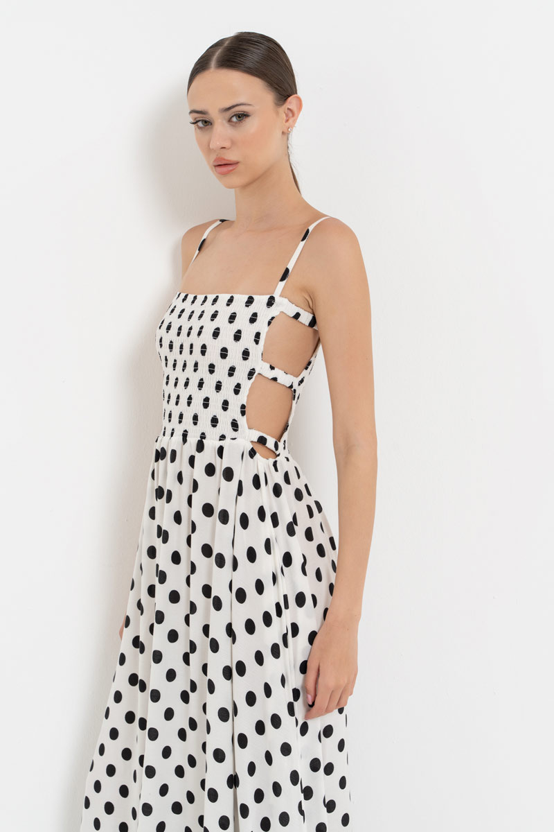 SİYAH-OFF BÜYÜK PUANTİYE Pencere Detaylı Puantiyeli Elbise