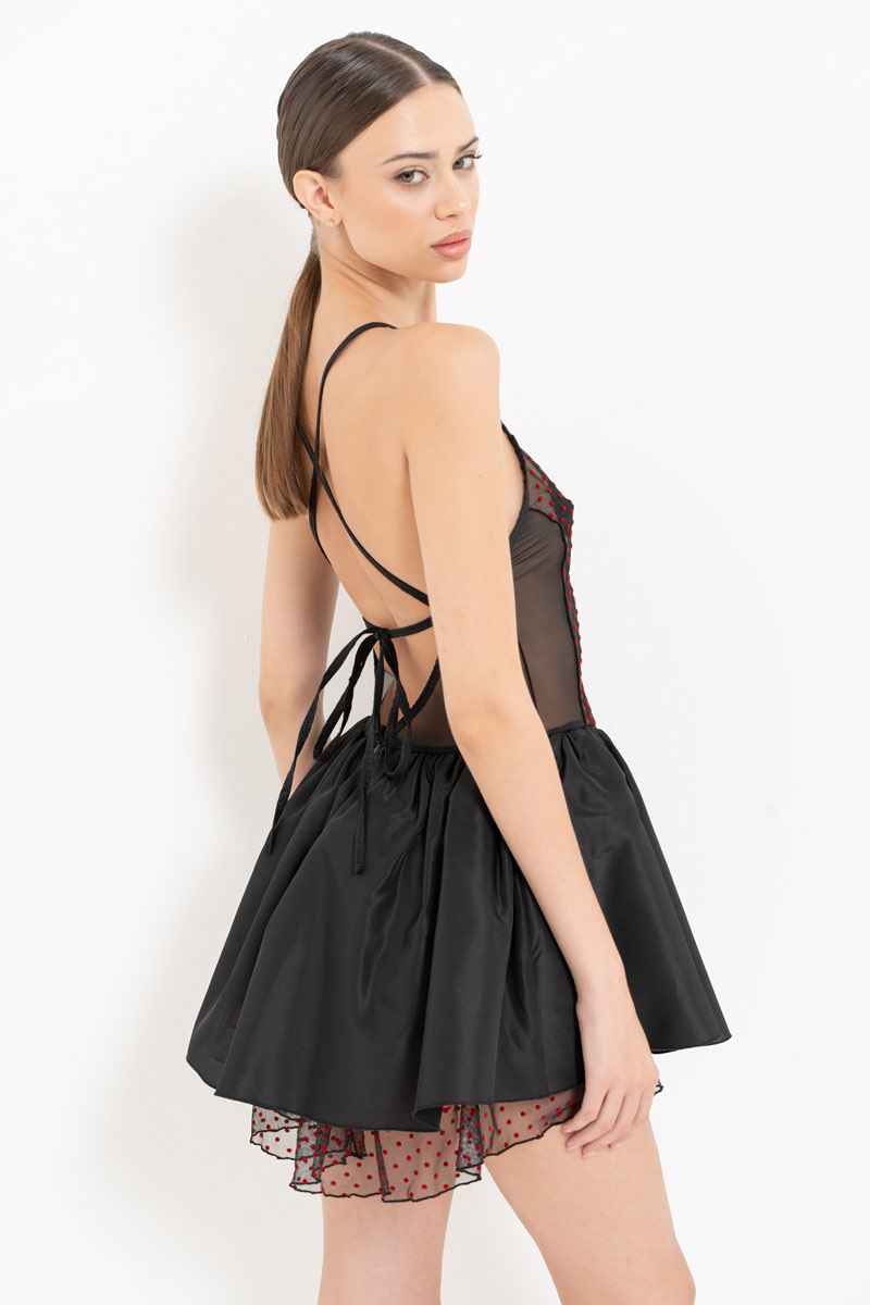 Siyah-Kirmizi Sırtı Çapraz Bağlamalı Puantiye Tüllü Elbise