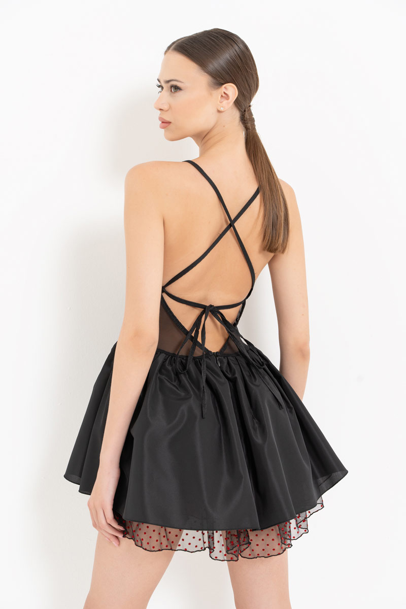 Siyah-Kirmizi Sırtı Çapraz Bağlamalı Puantiye Tüllü Elbise