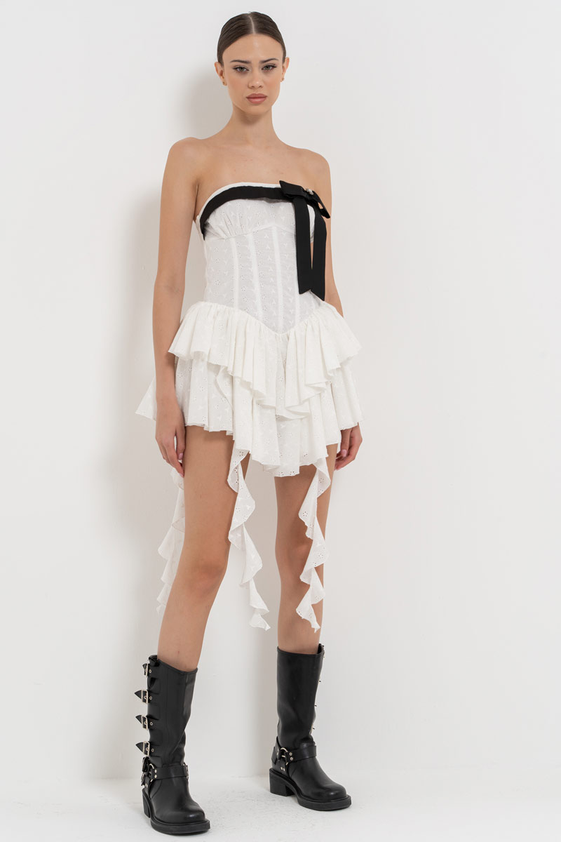 Off white Fırfır Detaylı Straplez Elbise