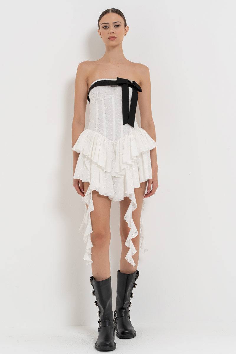 Off white Fırfır Detaylı Straplez Elbise