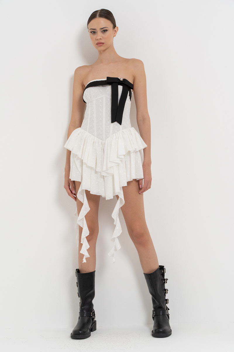 Off white Fırfır Detaylı Straplez Elbise