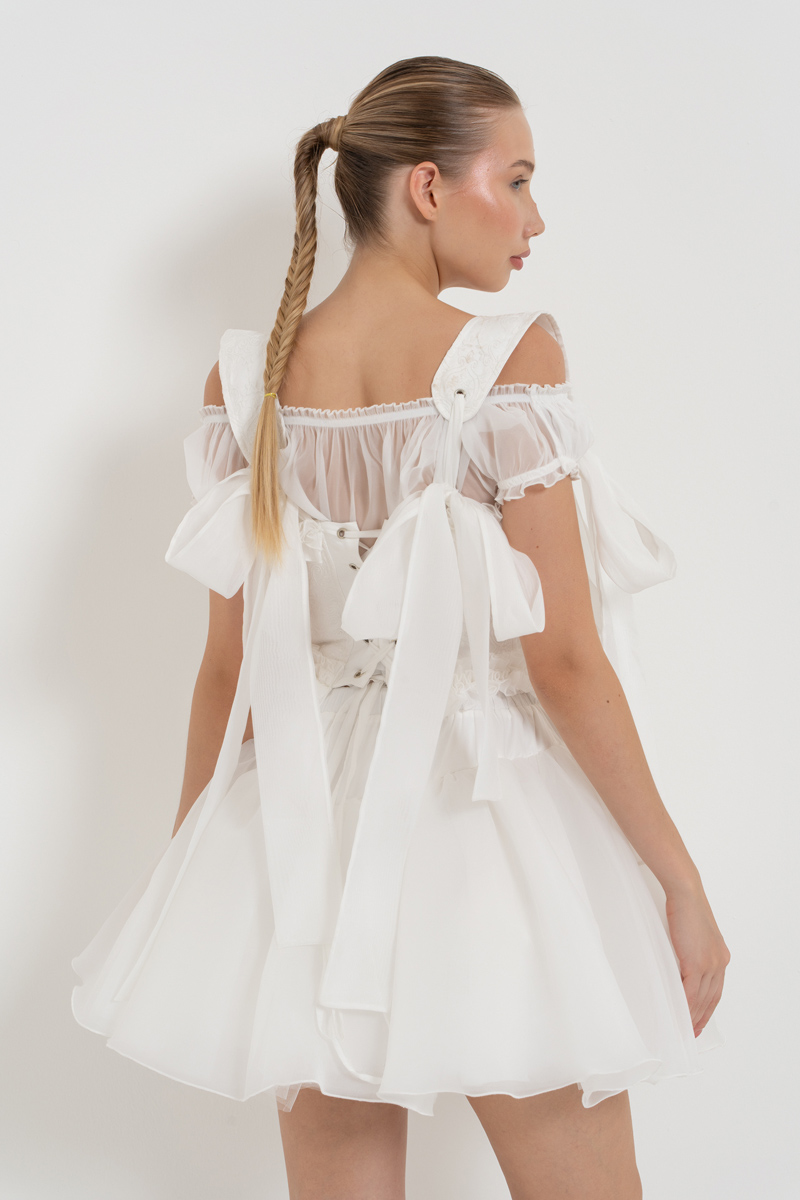 Off white Organze Bluzlu Balenli Korse & Tül Etek Takım