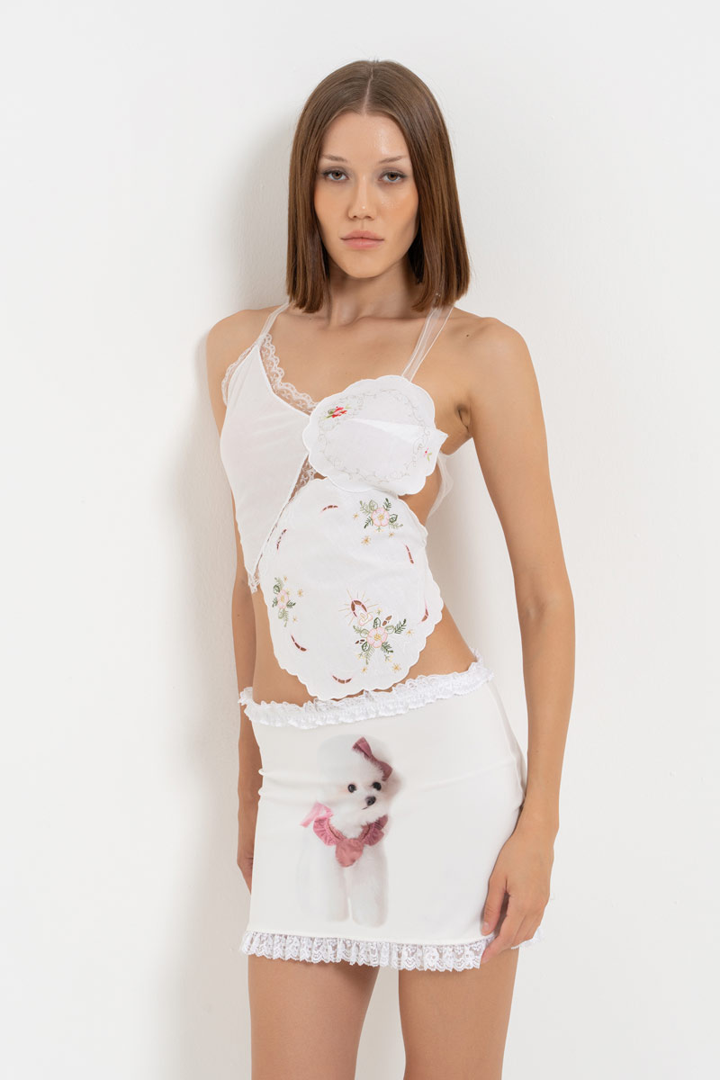 Off white Nakışlı Örgü Büstiyer