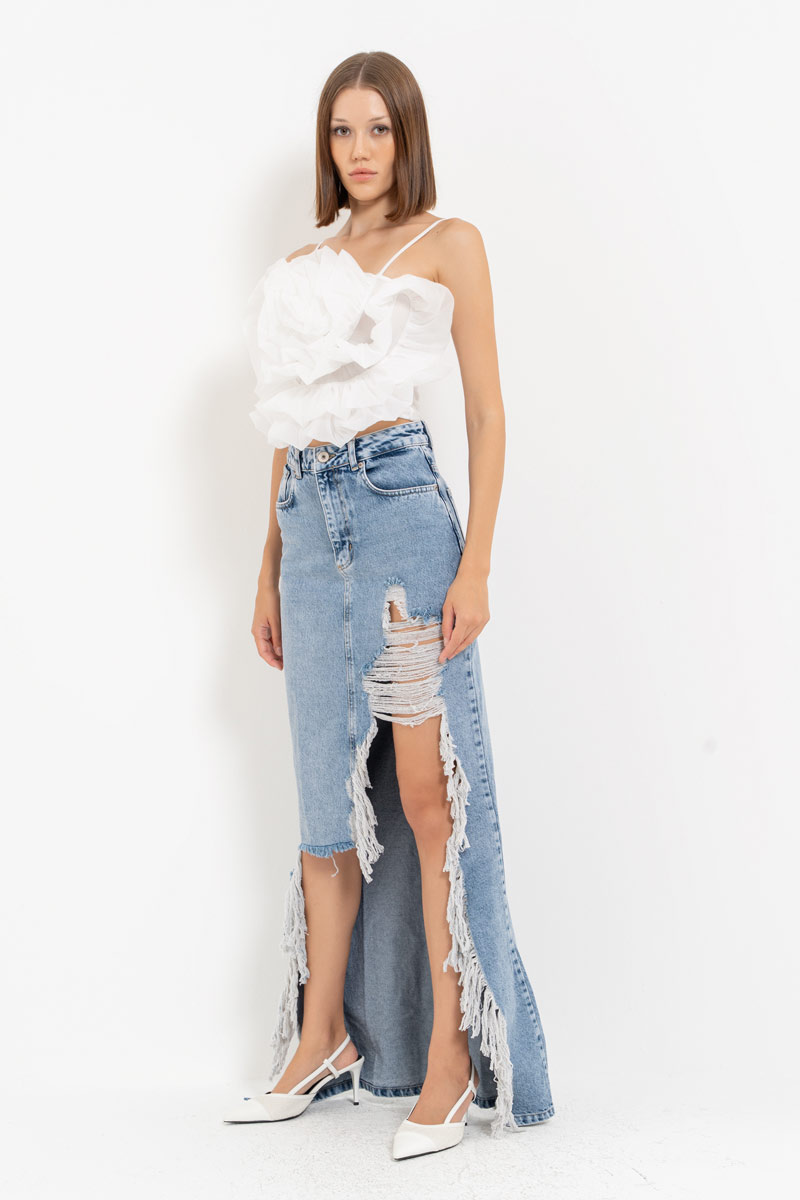 Mavi Yırtık Tasarımlı Kot Etek