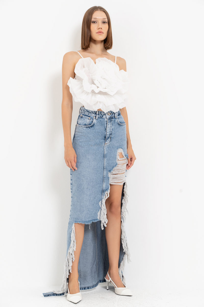 Mavi Yırtık Tasarımlı Kot Etek