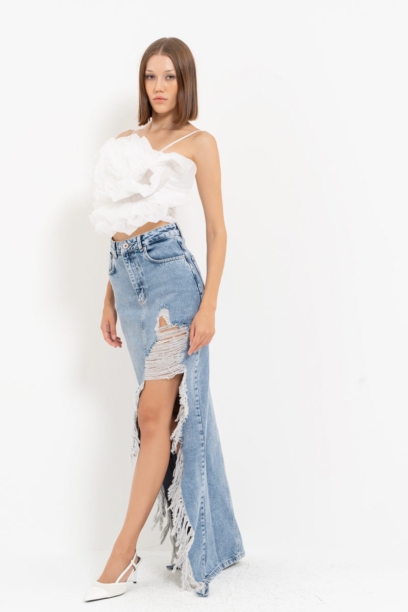 Mavi Yırtık Tasarımlı Kot Etek