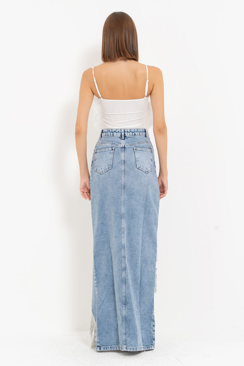 Mavi Yırtık Tasarımlı Kot Etek