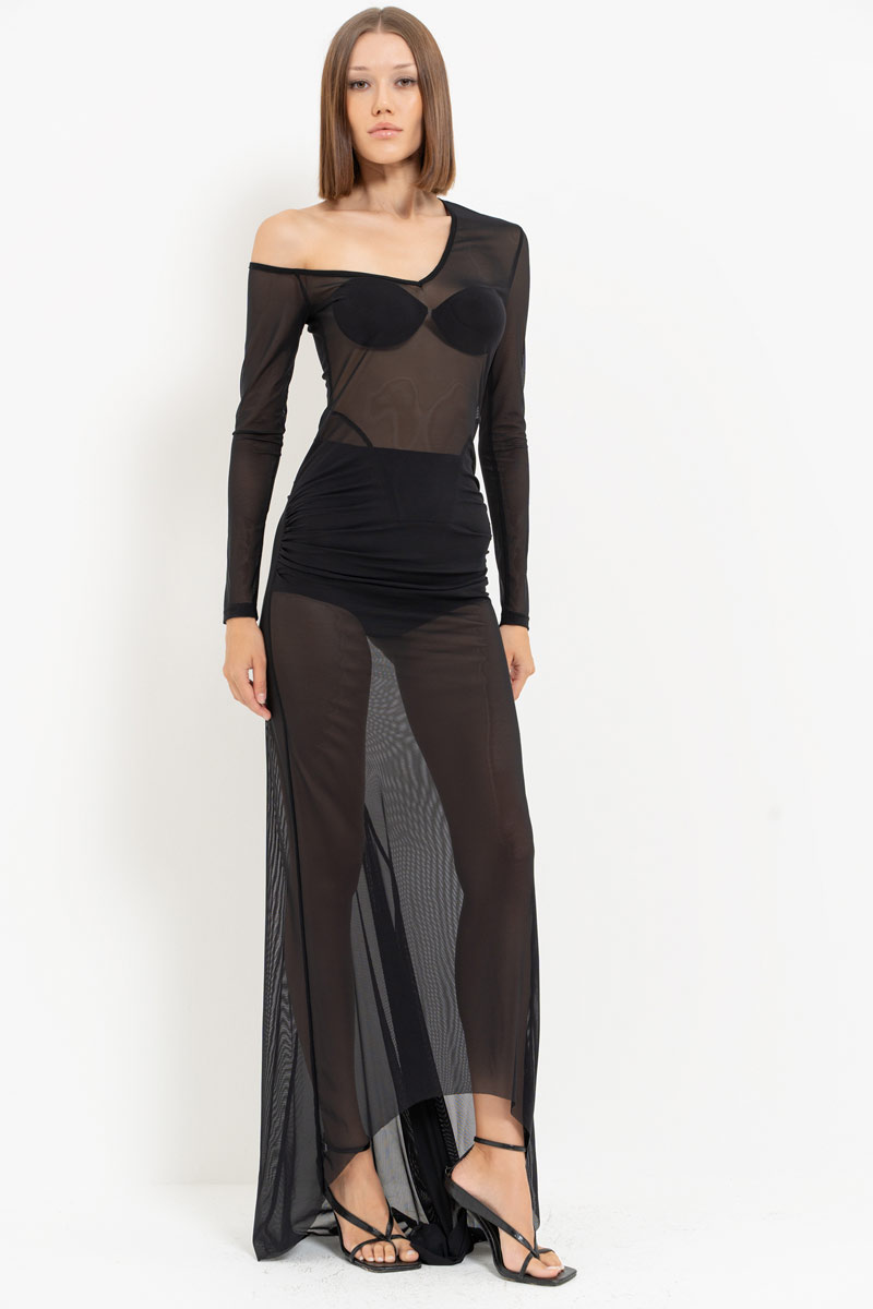 Siyah Kayık Yaka Transparan Uzun Elbise
