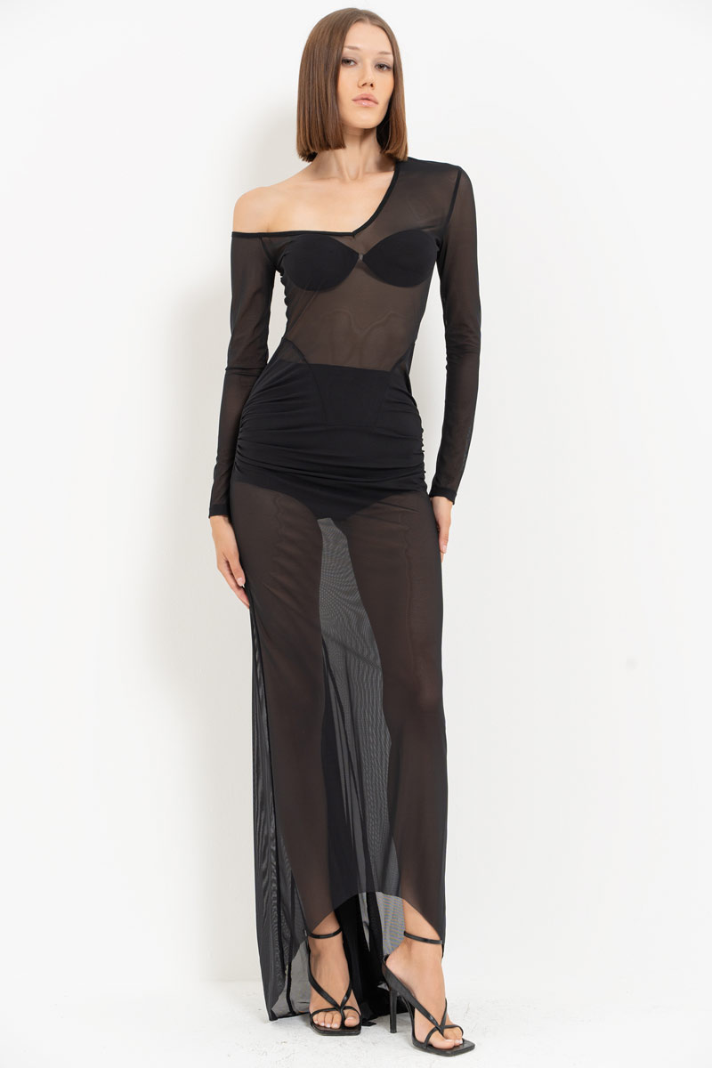 Siyah Kayık Yaka Transparan Uzun Elbise