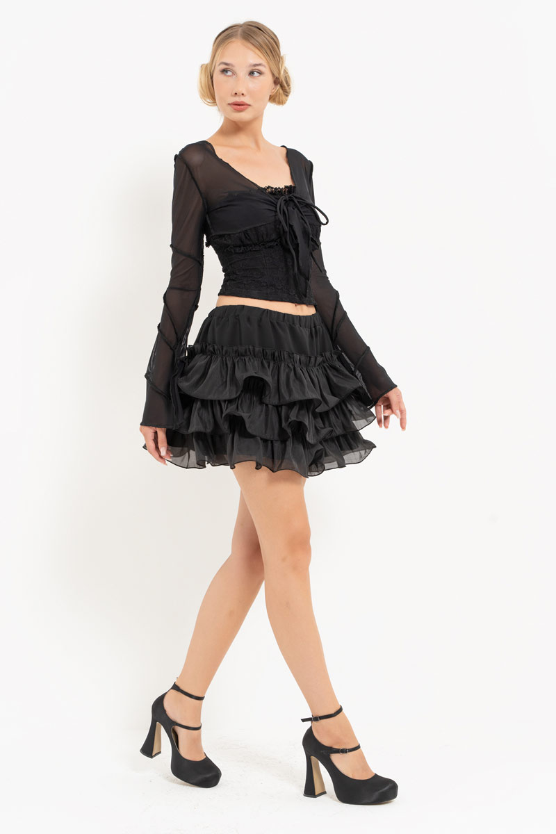 Siyah Straplez Büstiyer & Tül Bolero & Mini Etek Takım