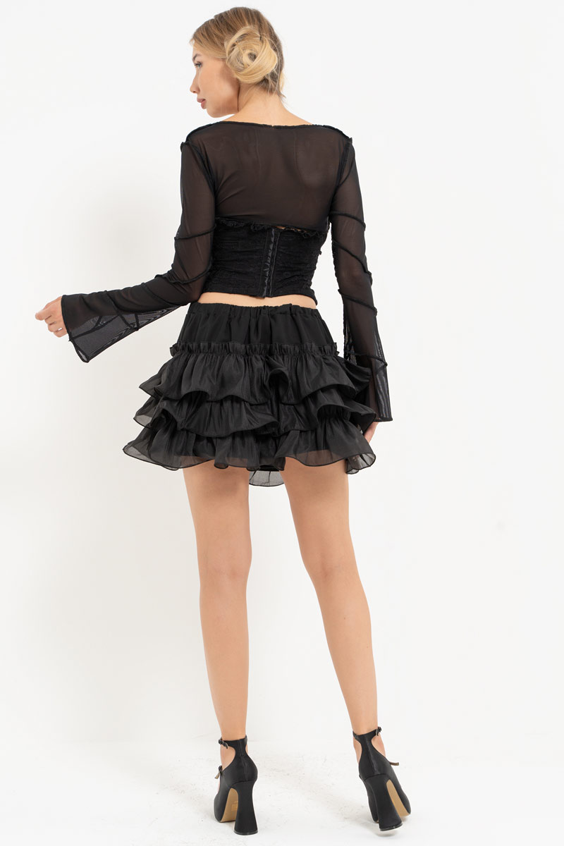 Siyah Straplez Büstiyer & Tül Bolero & Mini Etek Takım