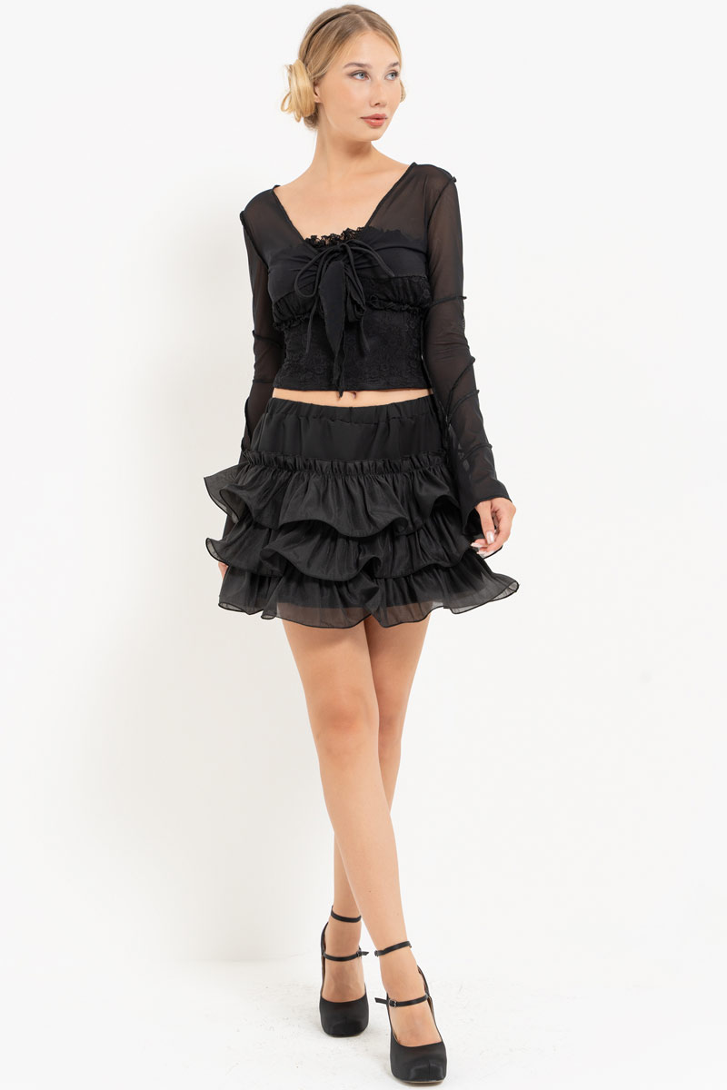 Siyah Straplez Büstiyer & Tül Bolero & Mini Etek Takım
