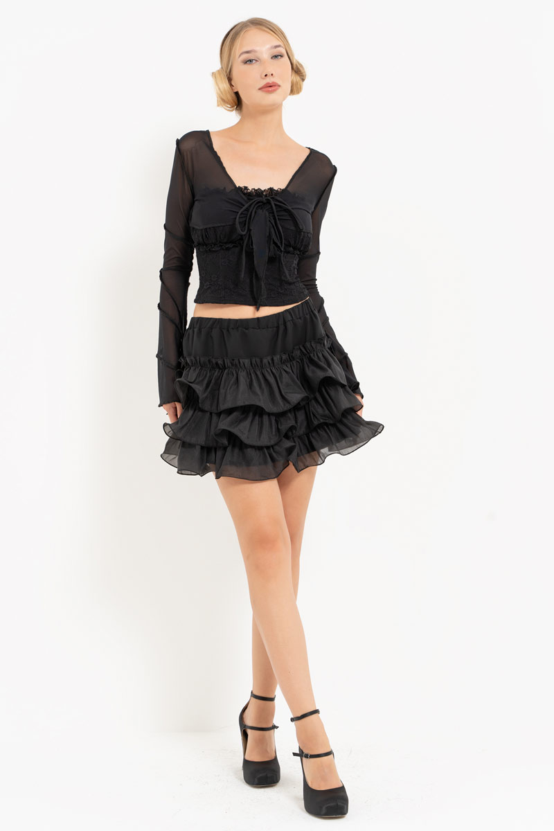 Siyah Straplez Büstiyer & Tül Bolero & Mini Etek Takım