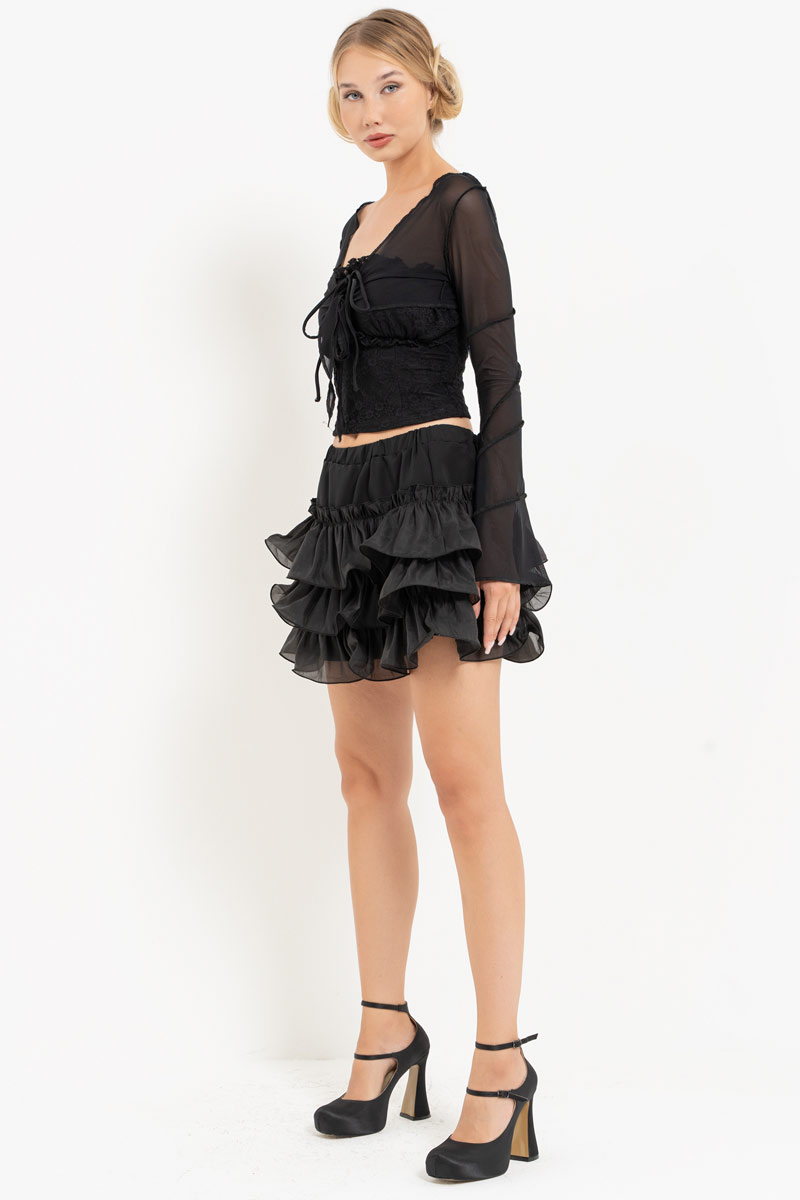 Siyah Straplez Büstiyer & Tül Bolero & Mini Etek Takım