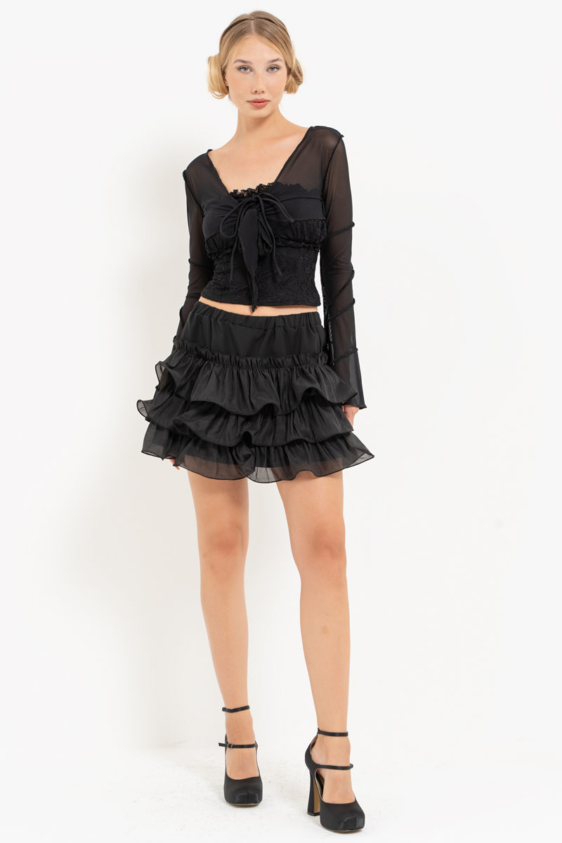 Siyah Straplez Büstiyer & Tül Bolero & Mini Etek Takım