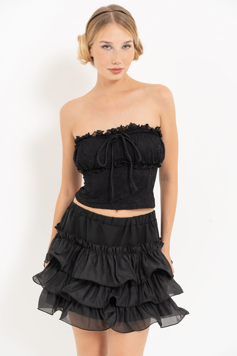 Siyah Straplez Büstiyer & Tül Bolero & Mini Etek Takım