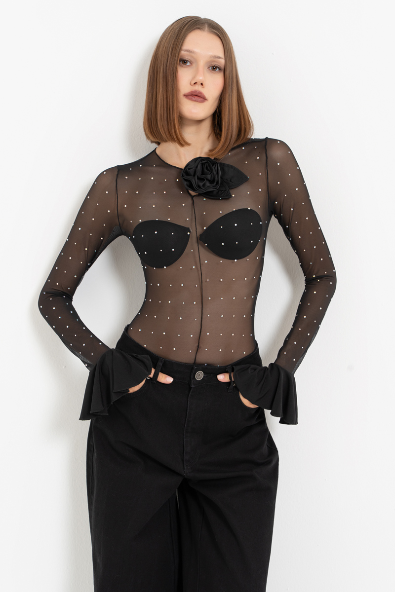 Black - Janjan Taşlı Transparan Bodysuit