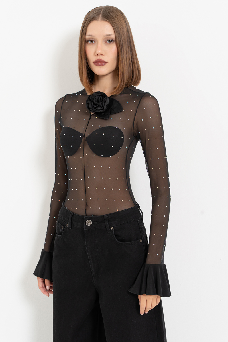 Black - Janjan Taşlı Transparan Bodysuit