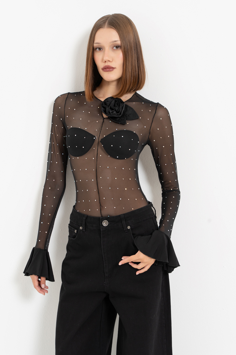 Black - Janjan Taşlı Transparan Bodysuit