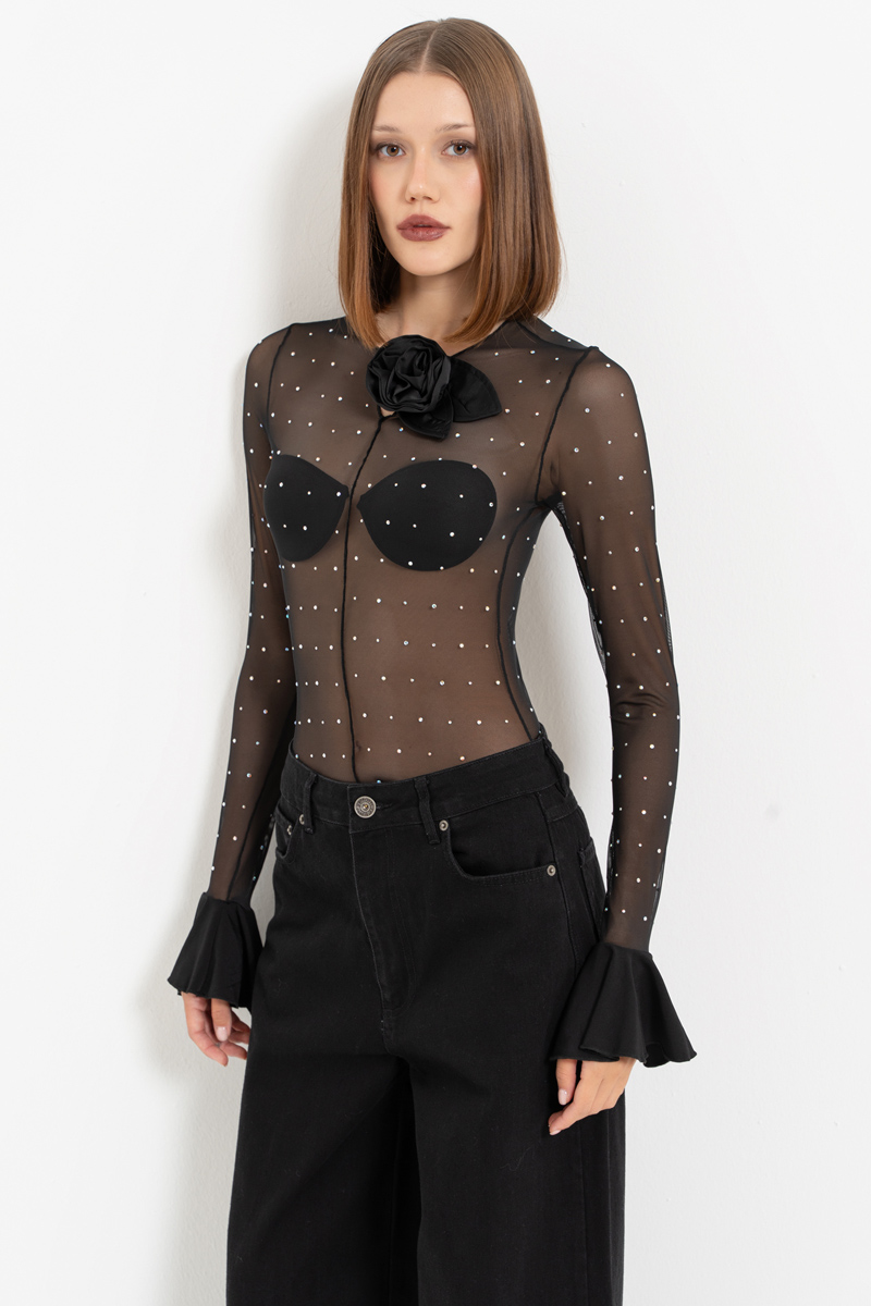 Black - Janjan Taşlı Transparan Bodysuit