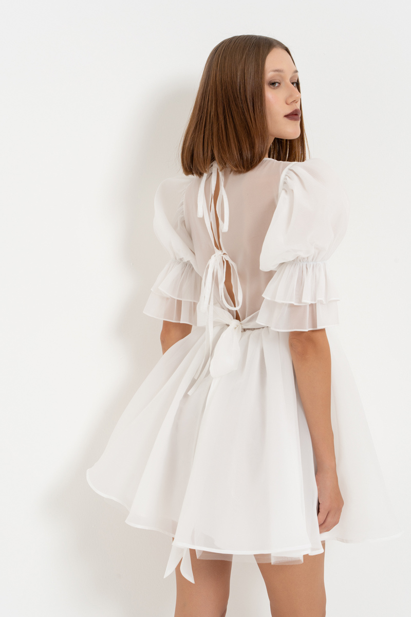 Off white Kare Yaka Mini Organze Elbise