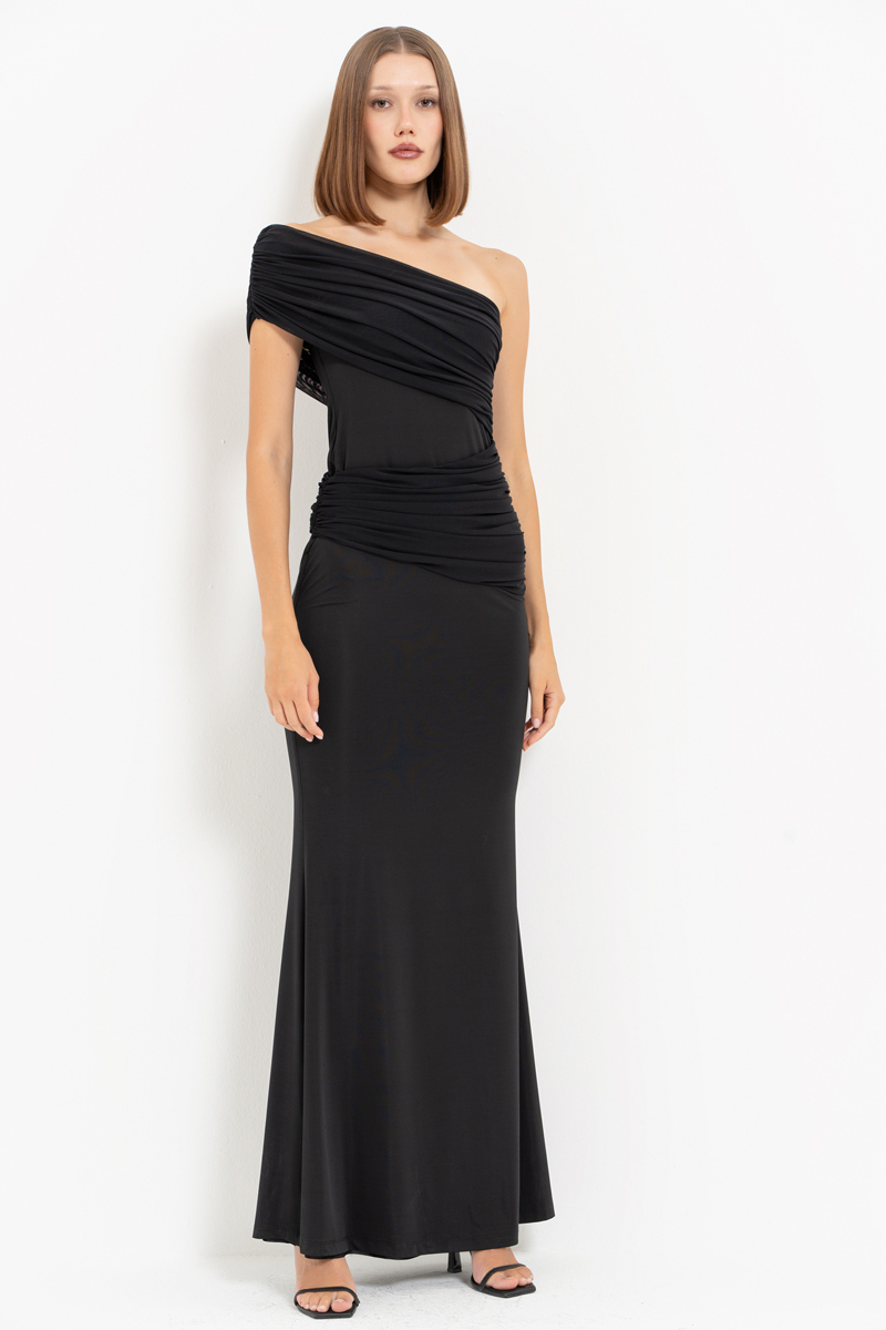 Siyah Tek Omuz Büzgülü Uzun Elbise