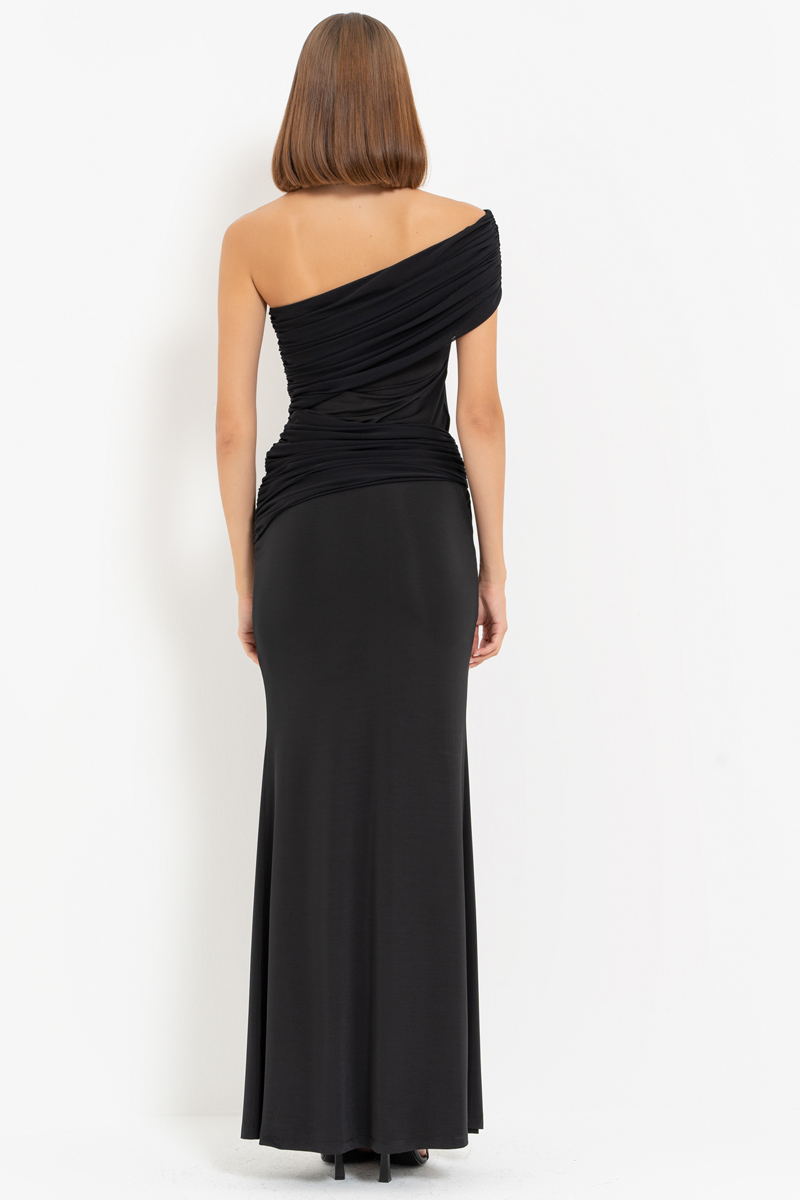 Siyah Tek Omuz Büzgülü Uzun Elbise