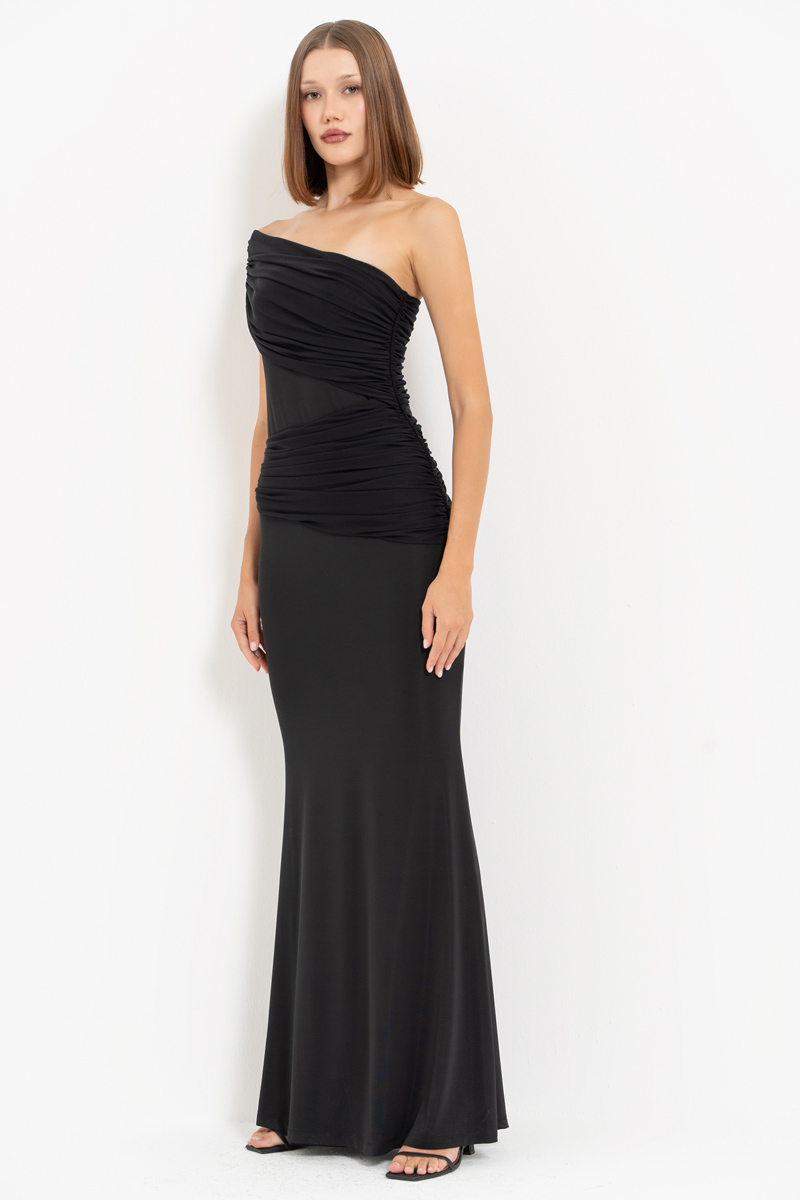 Siyah Tek Omuz Büzgülü Uzun Elbise