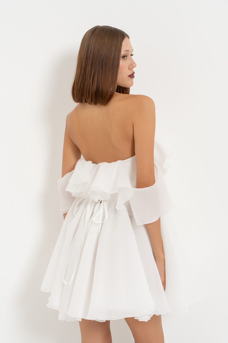 Off white Omuz Dekolteli Volanlı Mini Elbise
