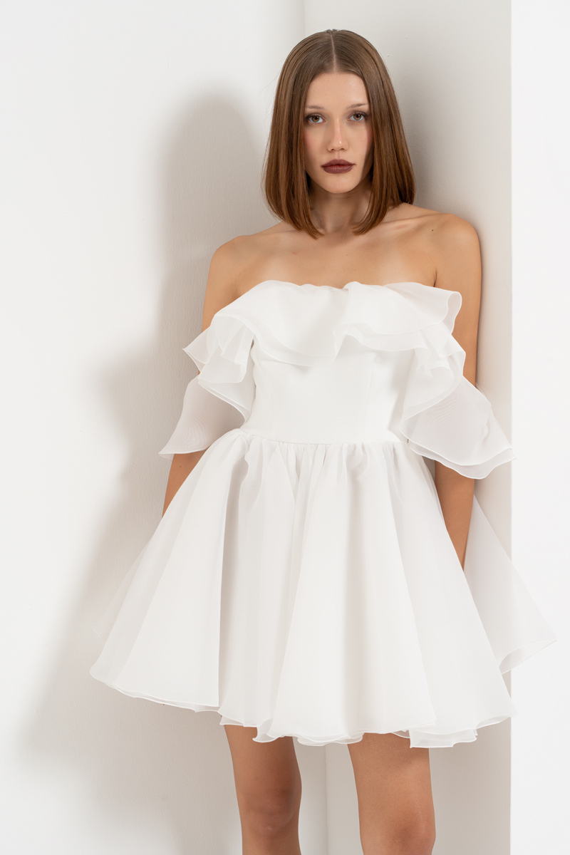 Off white Omuz Dekolteli Volanlı Mini Elbise