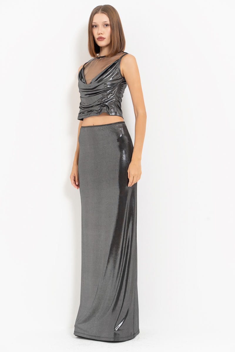 Siyah-Gümüş Degaje Yaka Tüllü Bluz & Etek Takım