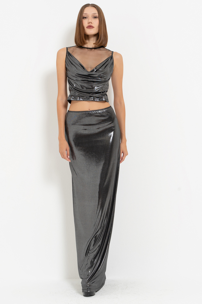 Siyah-Gümüş Degaje Yaka Tüllü Bluz & Etek Takım