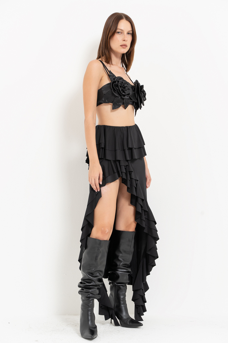 Siyah Askılı Çiçekli Saten Büstiyer