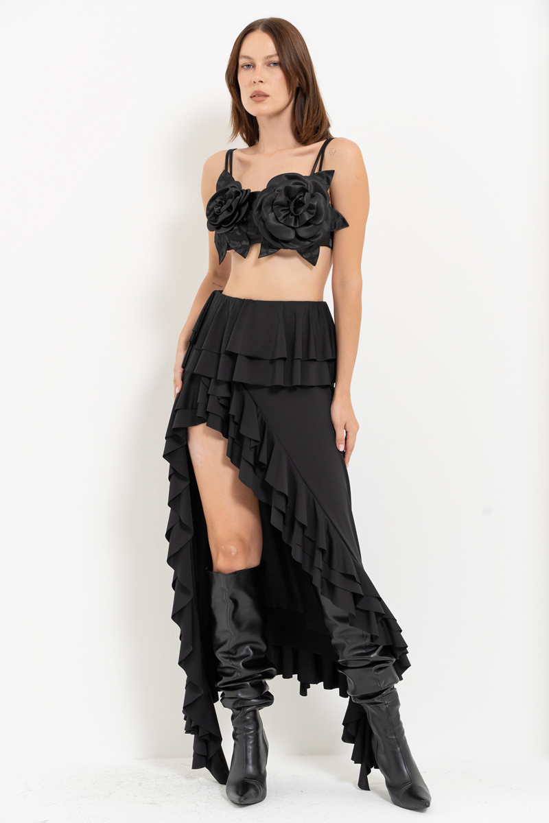 Siyah Askılı Çiçekli Saten Büstiyer