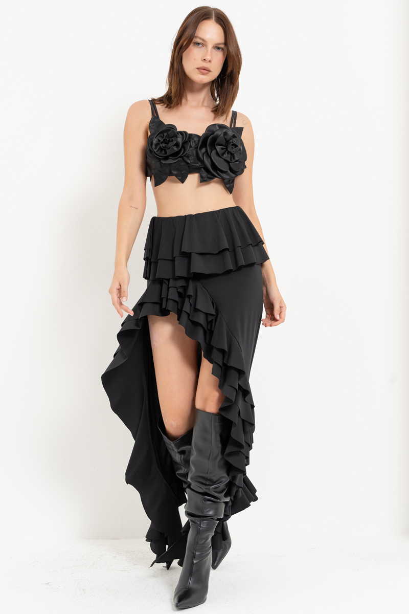 Siyah Askılı Çiçekli Saten Büstiyer