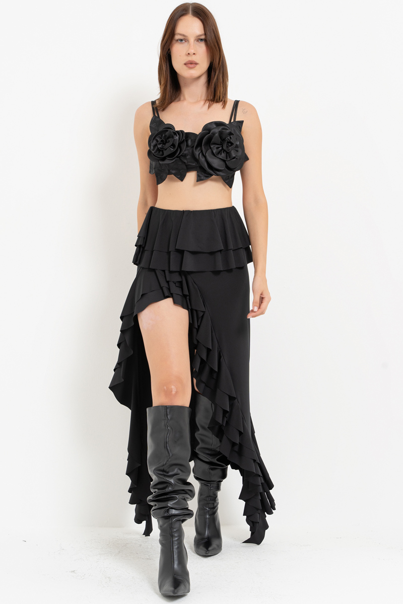 Siyah Askılı Çiçekli Saten Büstiyer