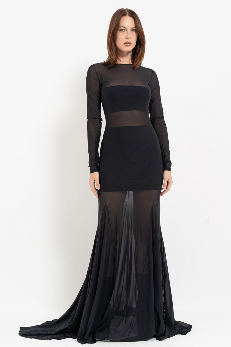 Siyah Etek Detaylı Transparan Uzun Elbise