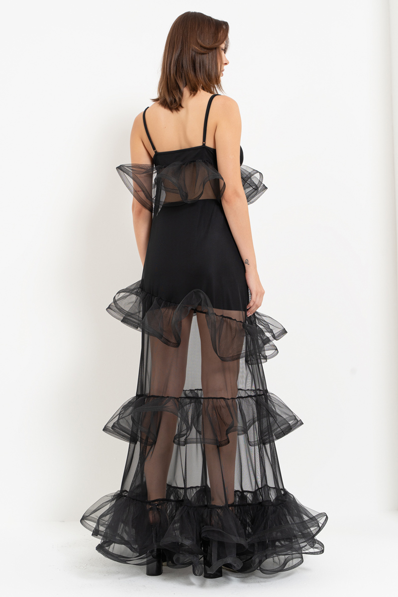 Siyah Volan Detaylı Uzun Tül Elbise