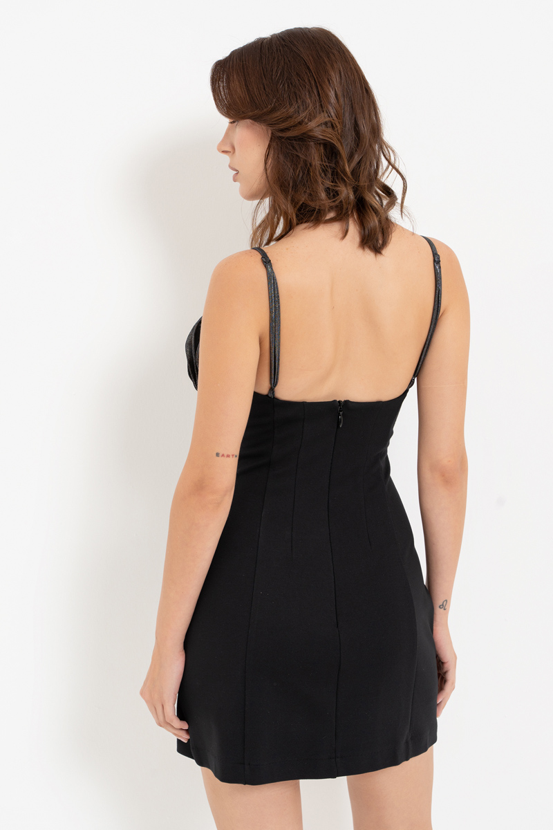 Siyah-Gümüş Gül Detaylı Askılı Mini Elbise