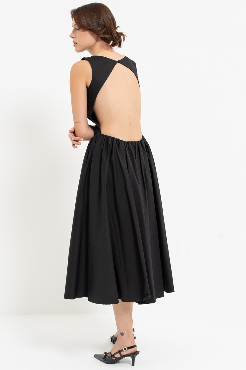 Siyah Sırt Dekolteli Kolsuz Midi Elbise