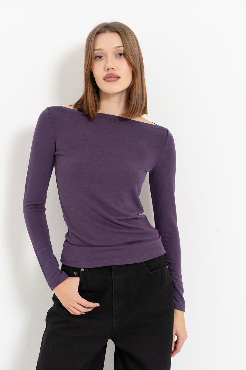 Light Purple Boat-Neck Long-Sleeve Top