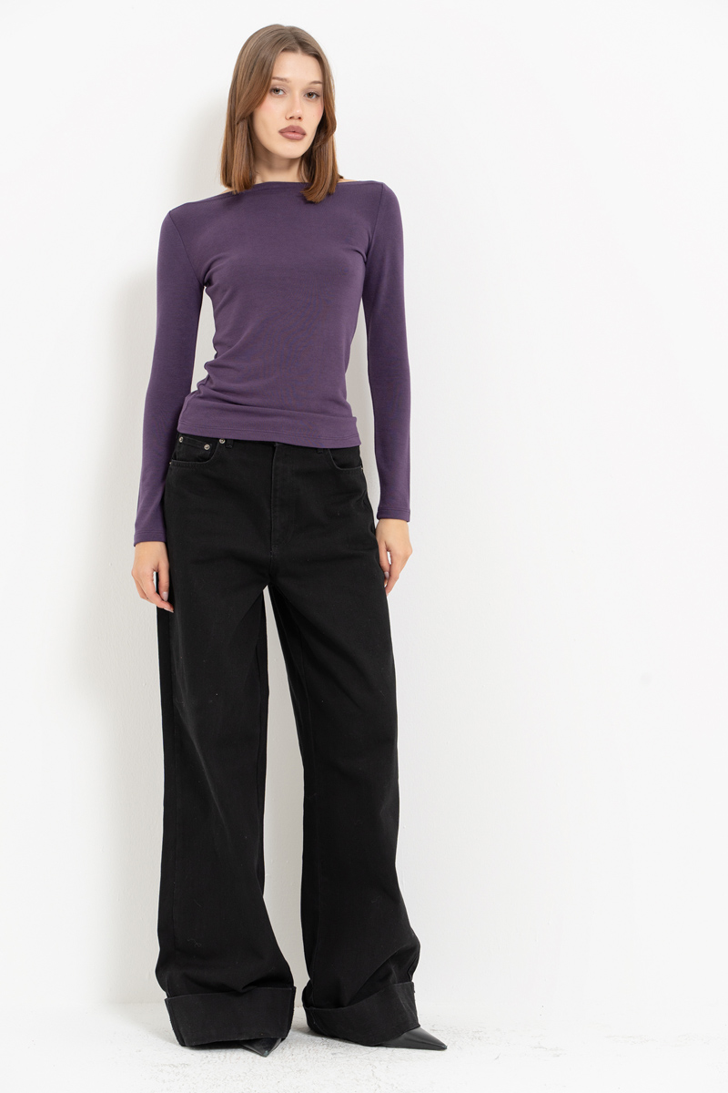 Light Purple Boat-Neck Long-Sleeve Top